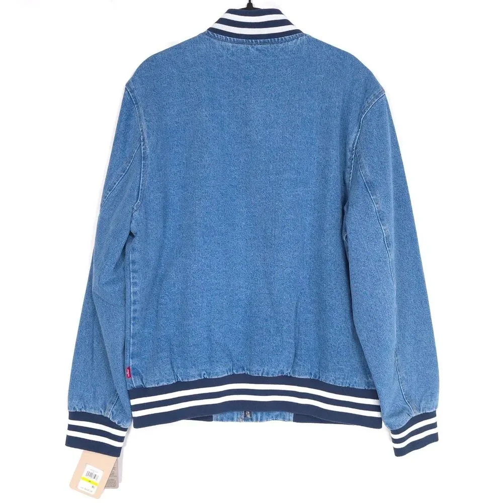 Levi's New Men's Full Zip Varsity Denim Bomber Jacket‎ LARGE Ribbed Knit Hem